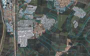 Satellite image with radar imaging offering an overview of the outlines of a city with streets, buildings and temples underneath the green farm fields and modern town of Tel al-Dabaa, Northeast of Cairo, Egypt 