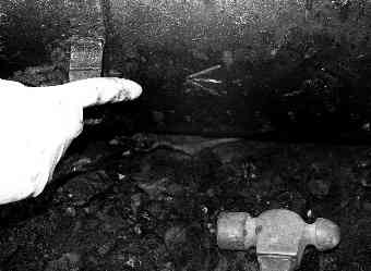 Broad arrow symbol engraved on cannon by maker, showing it originated with the British Royal Navy.
