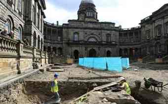 Old College, Edinburgh University. An Archaeological dig is underway in the quadrangle which is under development. Archaeologists are hoping to find remains of Lord Darnley, Mary Queen of Scots' second husband.