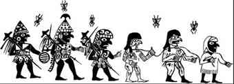 Mochica warriors accompanying naked prisoners with flies staring down at the scene 