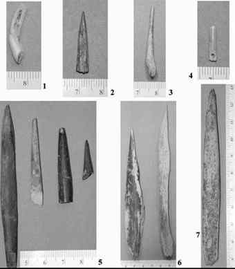 Mezmaiskaya Cave. Selected bone artifacts from Early Upper Paleolithic level: 1, pendant made from goat incisor and notched on one side; 2, tip fragment of flat point; 3, small needlelike awl; 4, fragment of needle with an eye; 5, complete point with rounded cross section and tip fragments of such points; 6, massive awls; 7, borer polisher.