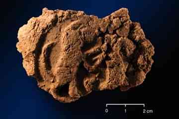 Clay sealing with impression a stamp seal showing a lion standing up on its hind legs, grabbing a goat by its beard; date: ca. 3,500 B.C. 