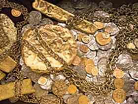 A sample of gold bars, coins and jewelry recovered from the $450 million treasure cache discovered on the Atocha shipwreck.