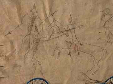 The third scene portrays a pitched battle where the Crow warrior is wounded in the thigh. An enemy is shooting at him, but his bullet misses. The enemy is then killed by a shot from the Crow warrior.