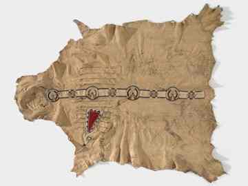 Drawings on an 1850s Crow buffalo robe at major new exhibit at the National Museum of the American Indian in New York City.