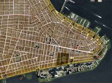 For more than 200 years, numerous efforts have been made to extend and regularize Manhattan's shoreline, allowing more and larger ships to enter the harbor. This 1807 map shows the island's original shore, bounded by the yellow line. Battery Park City, created out of the material excavated during construction of the World Financial Center in the 1960s, lies beyond the line. (Library of Congress)
