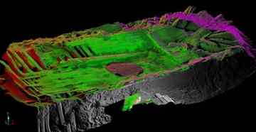 Corinthian Data Capture used midrange laser scanning, a technique that is accurate to within 2 millimeters, to create 3-D images of the ship that will assist scholars in future conservation and preservation efforts. Each color represents points taken from a different scan position. (Courtesy Corinthian Data Capture, LLC)