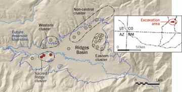 During a violent encounter roughly 1,200 years ago, Pueblo people from settlements elsewhere in the Ridges Basin area (brown dots) attacked Sacred Ridge sites (red dots).