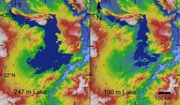 At perhaps its greatest extent, the Tushka lake would have been 247 meters deep (shown in false color topographical image at left). At other times (right) less water would have flown into the low-lying basin from the Nile (visible on the right in both images), causing the lake to shrink. Red corresponds to an elevation of 400 meters above the basin floor.