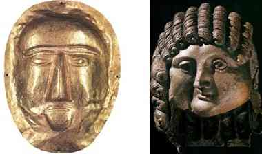 Head of a man, 1st C. BCE-2nd C. CE, and a gold funerary mask, 1st C. CE. (Copyright: Musée du Louvre, Paris 2010 and Somogy Art Publishers, Paris 2010).