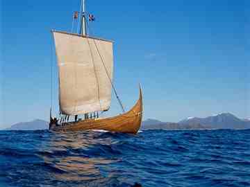 Off Norway, a replica of a Viking ship sets sail for Canada in 1991.