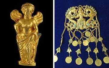 Bactrian Aphrodite', left, and a golden hair ornament, right, at an exhibition of Bactrian Treasure in Kabul 