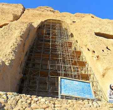 Scaffolding erected by a German foundation fills the cavern that once held a 1,500 year-old female Buddha figure. | Warren P. Strobel/MCT