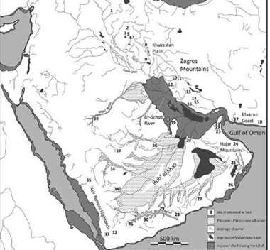 Map of southwest Asia depicting exposed landscapes during the Last Glacial Maximum as well as ancient and modern drainage systems. Numbers indicate Pleistocene and Early Holocene sites mentioned in the study.