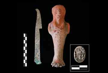 Amara West_Copper alloy blade, ceramic shabti and scarab from G301