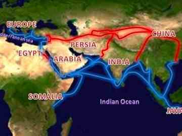The Silk Road extending from southern Europe through Egypt, Somalia, the Arabian Peninsula, Iran, Central Asia, Pakistan, India, Java-Indonesia, and Vietnam till it reaches China. Land routes are red, water routes are blue.