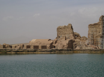 The crater lake with the remains of a 1700 year old palace on the shore. Photo: Jill Worrall 