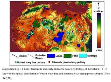 A map of what the Sahara was like 8,000 to 11,000 years ago, revealing rivers, lakes, swamps and fan-shaped deposits where rivers emptied out. The dots indicate where various kinds of pottery were found. Credit: Nick Drake.