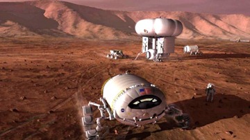 A conceptual illustration depicts what a manned mission to Mars may look like.
