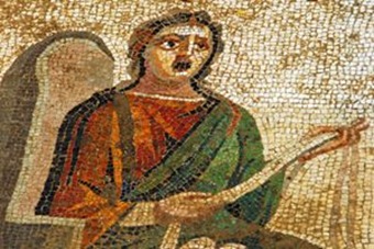 Four mosiacs depicting Menander manuscripts were found in the ancient city of Antioch. The pictured mosaic represents a scene from 'Philadelphoi,' or 'Sisters Who Love Brothers.'