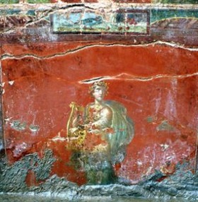 Detail from a fresco (left) showing Apollo, God of the sun, music, and arts in a ruined villa in Pompeii