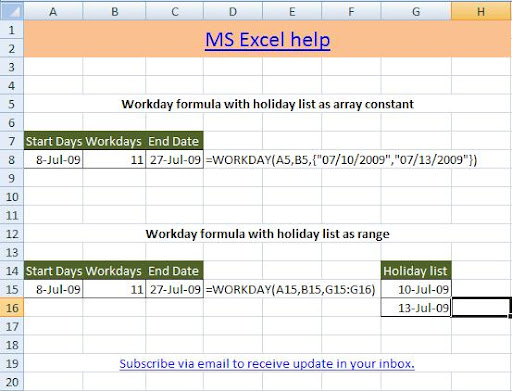 Microsoft Excel And VBA Help Workday Function