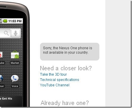 "Sorry, the Nexus One phone is not available in your country."