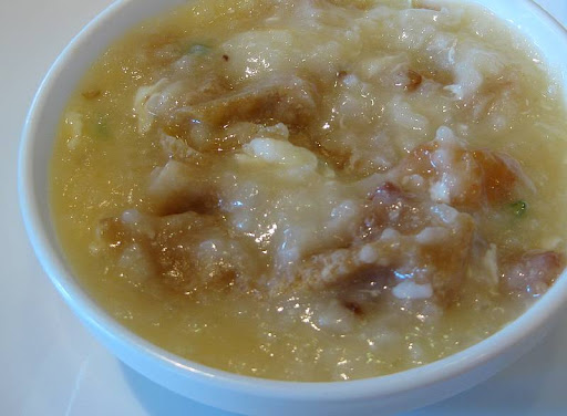 North Park's congee with crystal prawns and fried wonton wrappers
