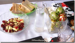 breakfast - apples and grapes, bread with cheese, by 240baon