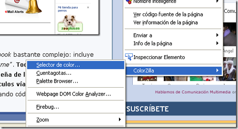 Aspecto de menú contextual de Colorzilla Aspecto de menú contextual de Colorzilla