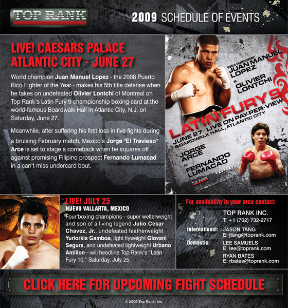 Top Rank Boxing: Upcoming Fight Schedule - Updated On June 19, 2009