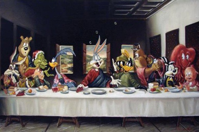 la-ultima-cena (1) zó Glen Tarnowski, artista de corte surrealista de larga trayectoria, que jamás imaginó la fama vendría al dibujar a los personajes de Warner en una parodia de la pintura al óleo de La Última Cena