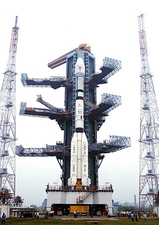Geosynchronous Satellite Launch Vehicle [GSLV] standing at the launchpad at the Satish Dhawan Space Centre, Sriharikota