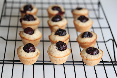 photo of Mini cherry almond cakes lined up on a baking rack