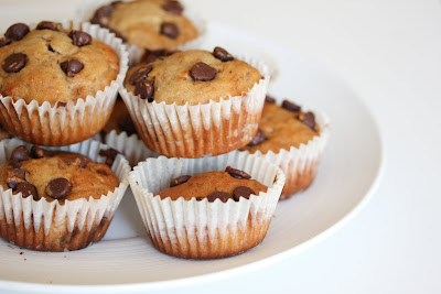 photo of Peanut Butter Banana Chocolate Chip Muffins stacked on a plate
