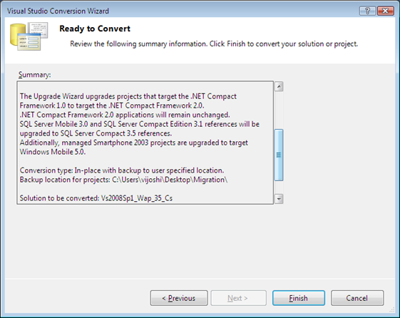 VS Conversion Wizard Summary