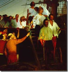 Óleo sobre lienzo pintado en 1919 por Elías Salaverría representa  el momento en que Elcano y la tripulación del Victoria desembarcan en Sevilla