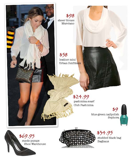 Lauren Conrad paired soft chiffon with a leather mini and studded bag at an 