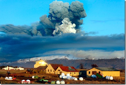 The volcano in southern Iceland's Eyjafjallajokull glacier sends ash into the air just prior to sunset ON Friday, April 16, 2010. Thick drifts of volcanic ash blanketed parts of rural Iceland on Friday as a vast, invisible plume of grit drifted over Europe, emptying the skies of planes and sending hundreds of thousands in search of hotel rooms, train tickets or rental cars. (AP Photo/Brynjar Gauti) #