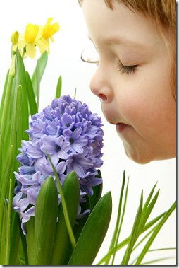 Menina cheirando a flor