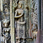 Three Thommanon Devata (sacred female image). The two devata on the left have stomach markings. It is also interesting to note that this monument mixes sampot and crown styles. Perhaps this indicates a transition of power or religion in progress. Siem Reap, Cambodia http://www.Devata.org