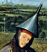 Extracción de la piedra de la locura (El Bosco 1475-1480) detalle del embudo en la cabeza