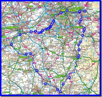 The route taken by the Cheshire Ring Canal System (plus the leg to Stalybridge) [102 miles]