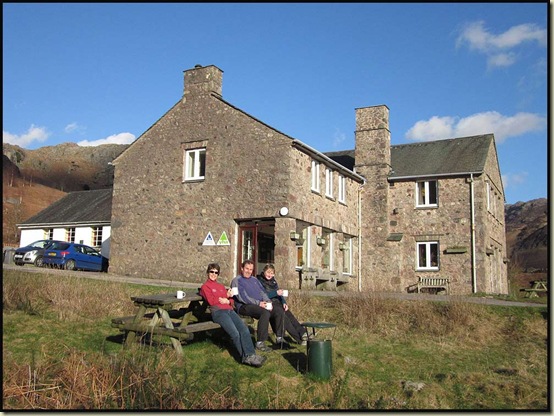 Sue, Andrew and Anne outside Eskdale Youth Hostel