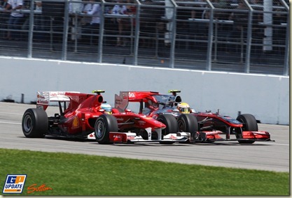 Fernando Alonso (ESP) Ferrari F10 and Lewis Hamilton (GBR) McLaren MP4/25 battle for position whilst leaving the pits. 
Formula One World Championship, Rd 8, Canadian Grand Prix, Race, Montreal, Canada, Sunday 13 June 2010.