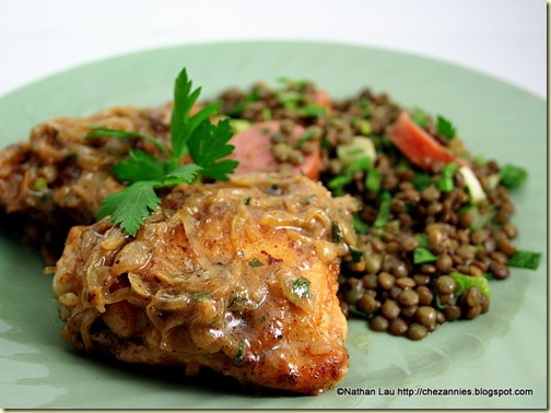 Chicken with Vinegar & Onions, Warm French Lentil Salad with Smoked Sausage