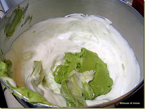 Folding green tea mascarpone mixture into whipped cream for green tea tiramisu