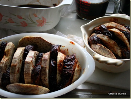 assembling taro and pork belly for khau yoke