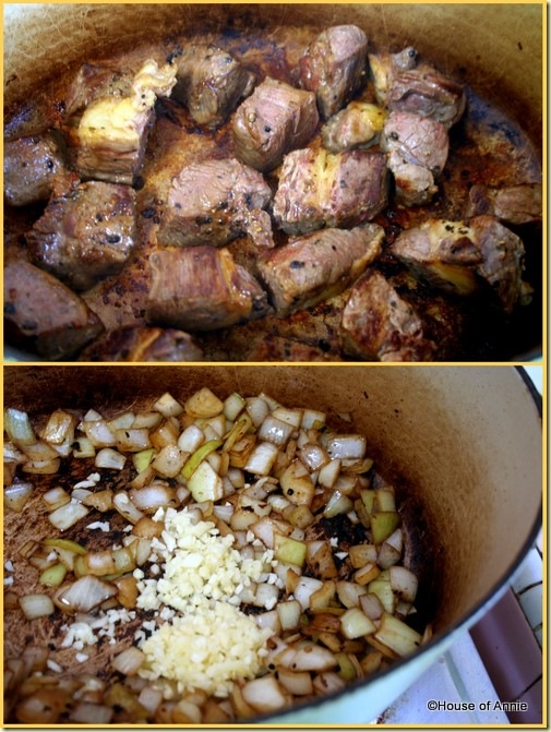 Browning the beef stew and aromatics in dutch oven