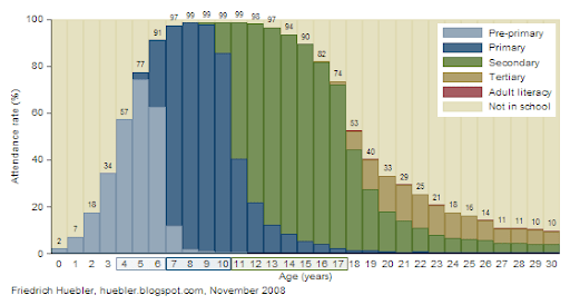 Level of education attended for persons 0 to 30 years, Brazil 2006